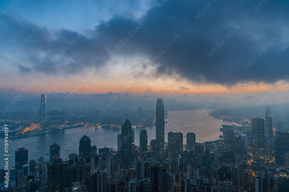 Famed skyline of Hong Kong from Victoria Peak in a foggy morning