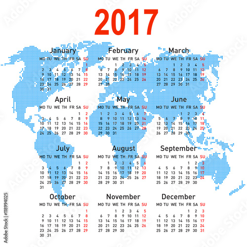 calendar 2017 with world map. Week starts on Monday.