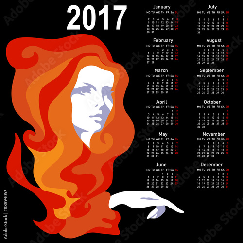 Stylish calendar with woman for 2017. Week starts on Monday