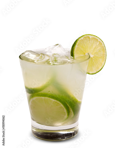 Fresh lemon drink with ice isolated on white background. Caipiri