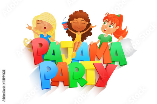 illustration of three girls having pajama party. Invintation card template