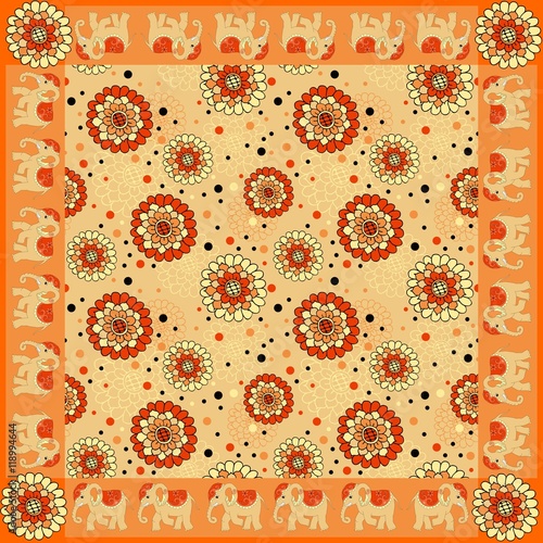 Floral bandana print with ornamental border. Silk neck scarf with beautiful flowers and elephants. Summer kerchief square pattern design style for print on fabric. Vector illustration.