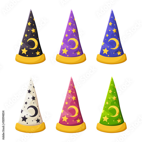 Vector set of colorful wizard's hats with stars isolated on a white background.