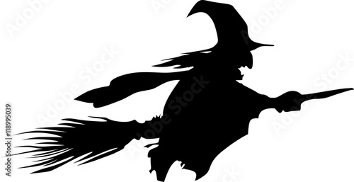 Fototapet Vector black silhouette of a beautiful witch on a broomstick isolated on a white background