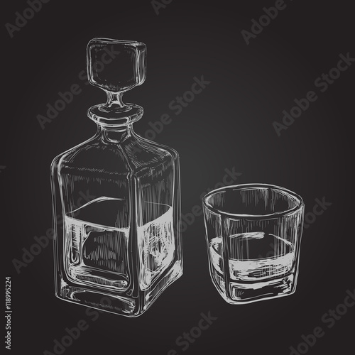 Whiskey Bottle and Glass. Hand Drawn Drink Vector Illustration