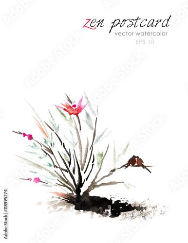 Chinese painting - zen-like natural hand-made vector watercolor flower illustration on white