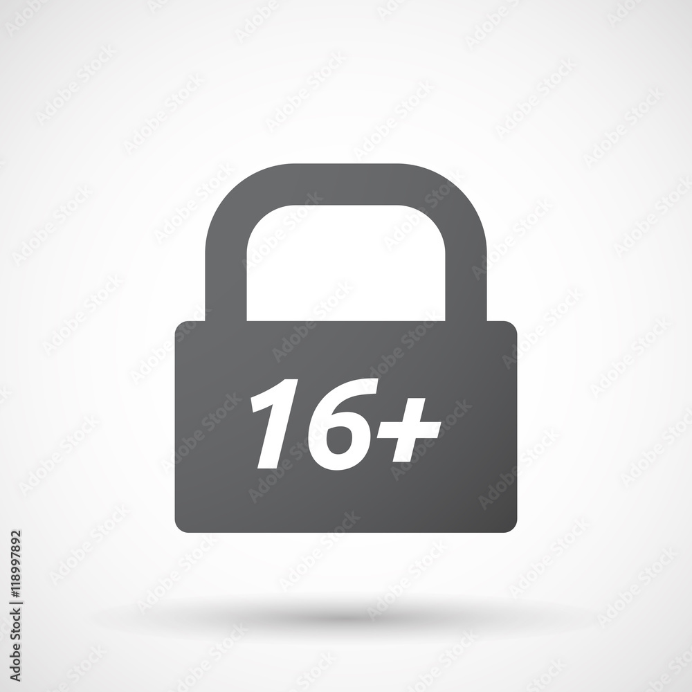 Isolated closed lock pad icon with the text 16+ Isolated closed lock pad icon with the text 16+