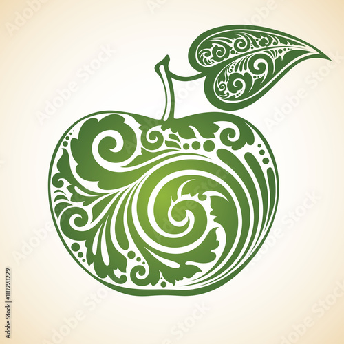 Decorative ornamental green apple with a leaf