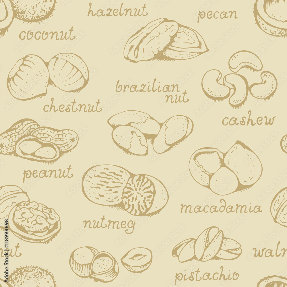 Nuts seamless beige pattern, vector illustration Nuts seamless beige pattern, vector illustration