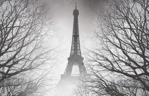 Rain in Paris - black and white picture. Mysterious picture. 
