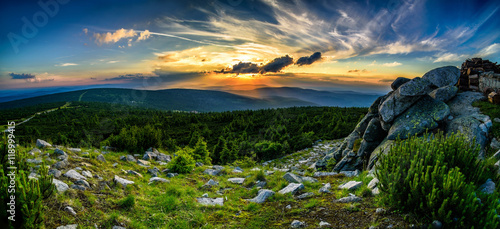 Fototapeta Naklejka Na Ścianę i Meble -  Stuning mountains panorama in the evening, sunset  Karkonosze Mountains
