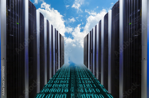 Data servers resting on clouds in blue in a cloudy sky