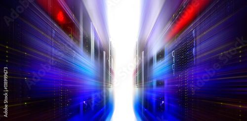 futuristic server blur motion room with modern communication and equipment