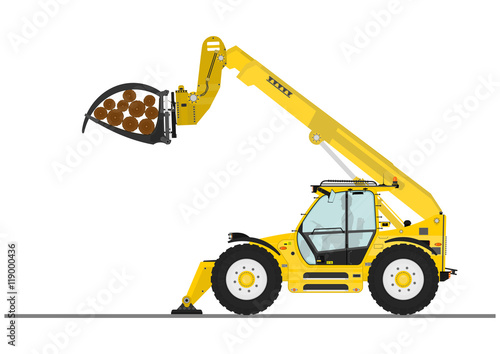 Telescopic handler with log and pipe grapple on a white background. Flat vector