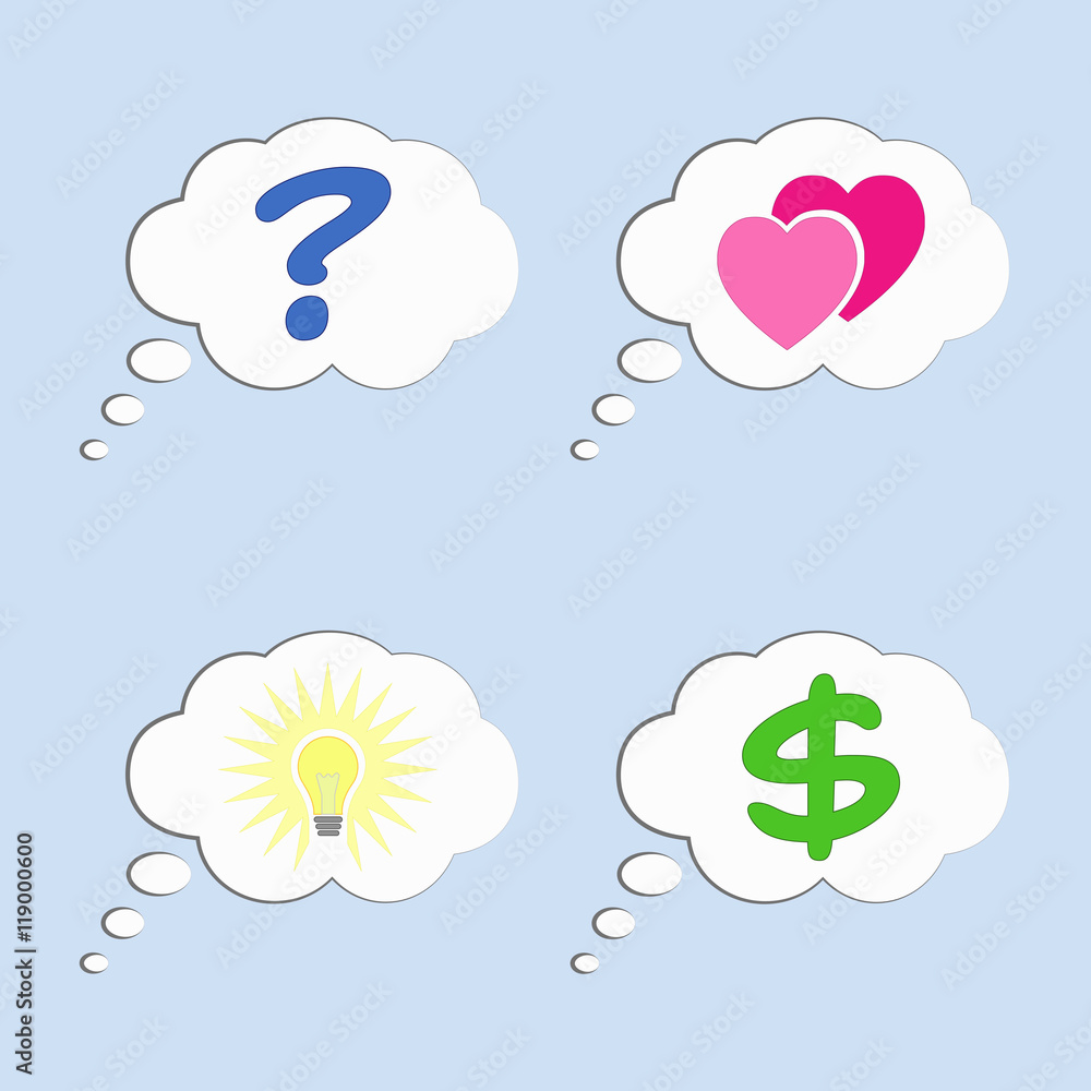 Obraz premium Set of vector thought bubbles with different signs on the blue background