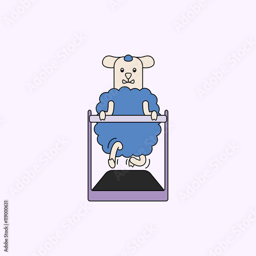 Sports and fitness. Funny cartoon sheep is  training in gym and aerobic class with treadmill. Vector illustration.