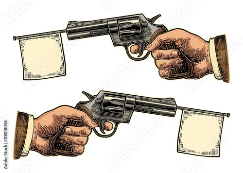 Male hand holding revolver with flag for text. Vector engraving vintage illustrations.
