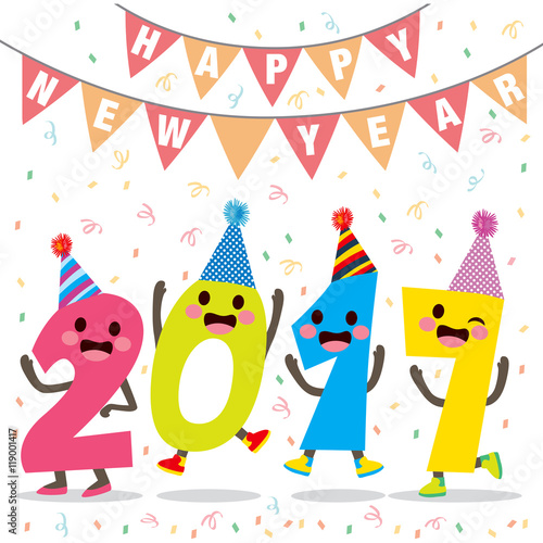 Cute happy number characters celebrating new year party