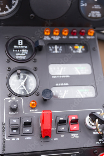 The dashboard panel in a helicopter cockpit