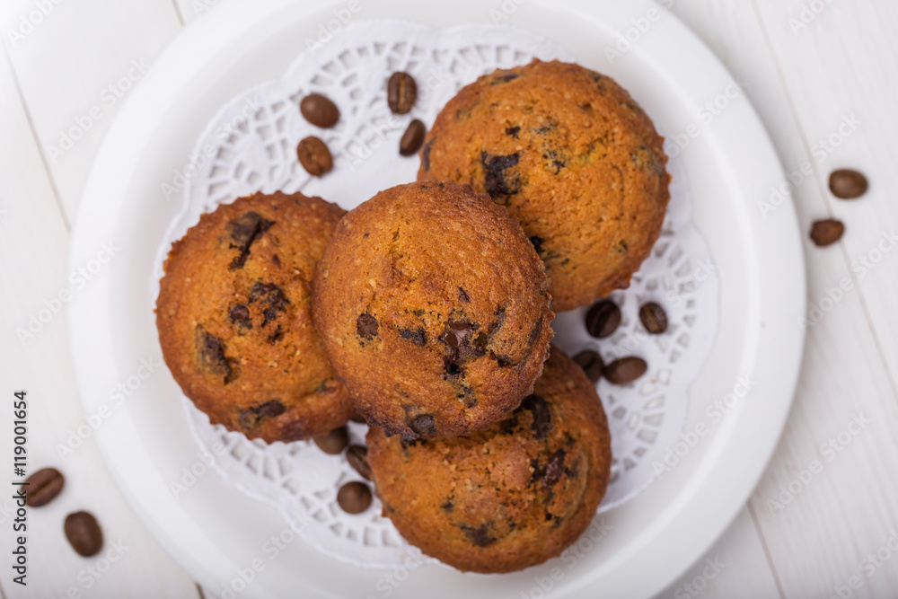 Muffins with chocolate filling, top view Muffins with chocolate filling, top view