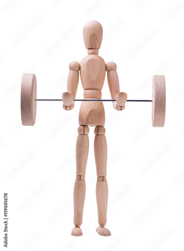 Wooden figure of a man with a barbell isolated on white background Wooden figure of a man with a barbell isolated on white background