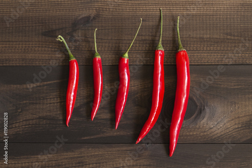 Cayenne chillli peppers on wooden table. photo