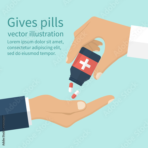 Doctor giving pills patient.