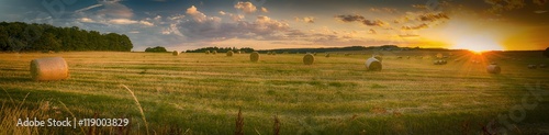 Krajobraz w lecie, zachód słońca, zebrane pole kukurydzy z belami słomy, panorama