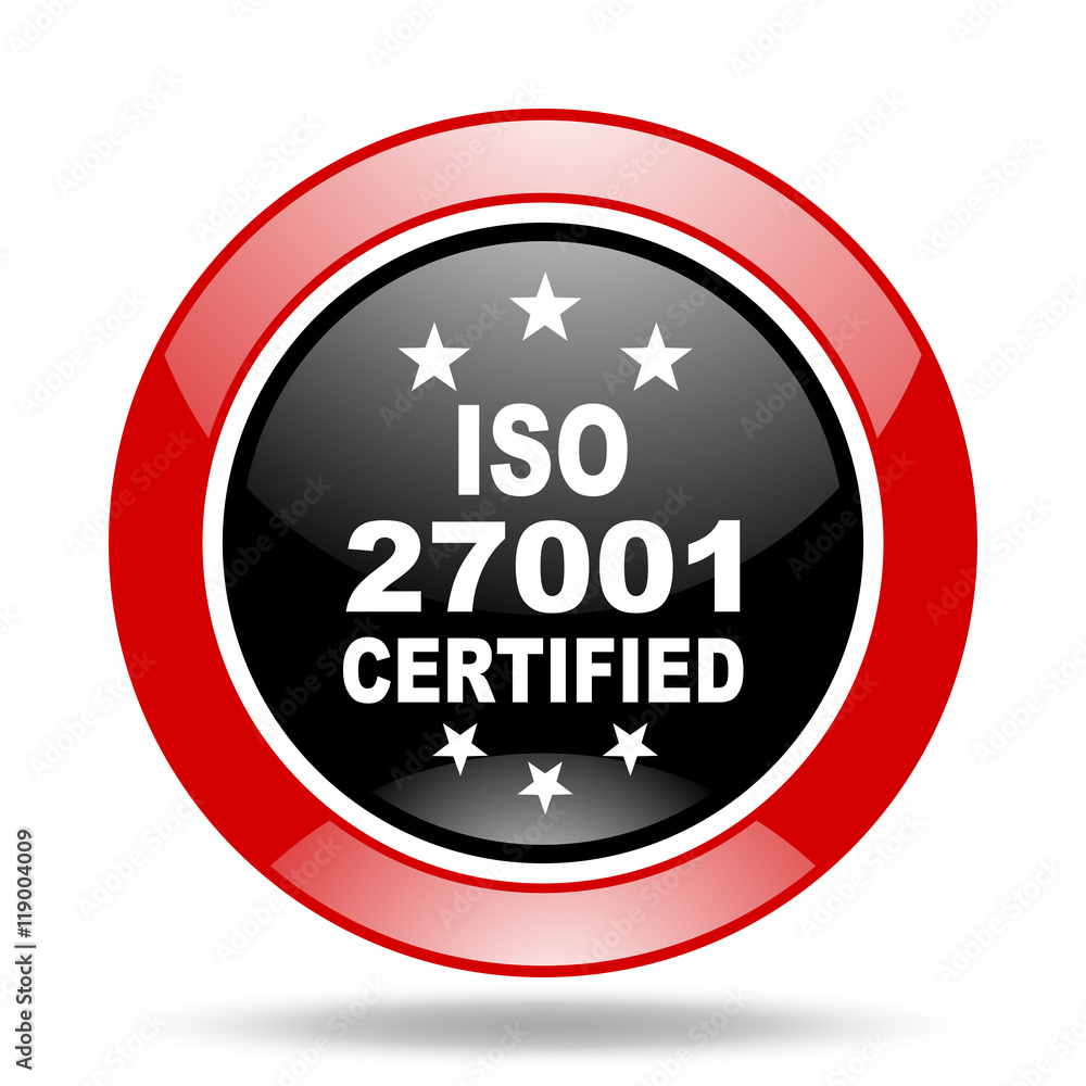 iso 27001 red and black web glossy round icon