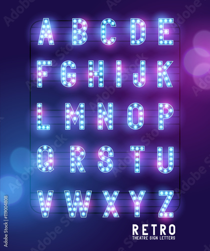 Retro lightbulb glowing theatre and cinema sign letters. Vector alphabet.