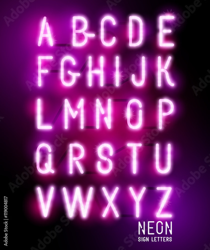 Retro glowing neon pink sign letters. Vector alphabet.