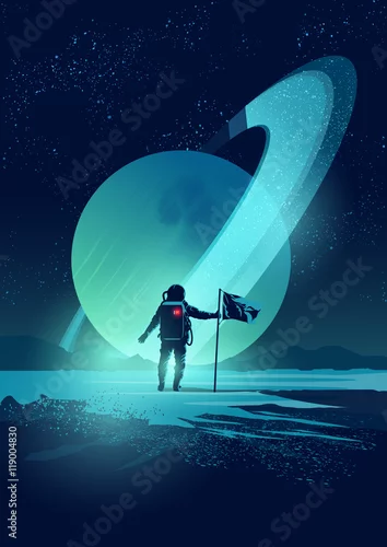 Obraz Astronauta umieszcza flagę na odległej planecie na tle gazowego giganta z pierścieniami. Ilustracji wektorowych