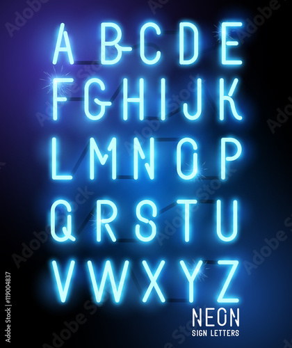 Retro glowing neon blue sign letters. Vector alphabet.