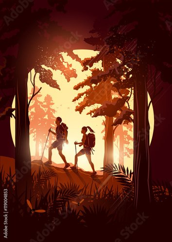A couple of people with backpacks enjoy hiking through a scenic forest. Vector illustration