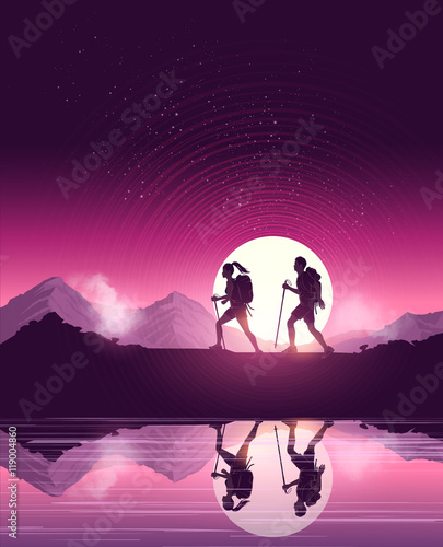 A couple of people with backpacks enjoy hiking through a scenic mountain pathway. Vector illustration
