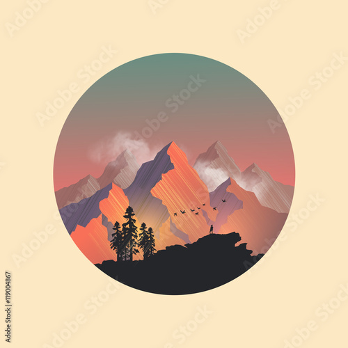 Mountain range peaks catching the evening sunlight. Vector illustration