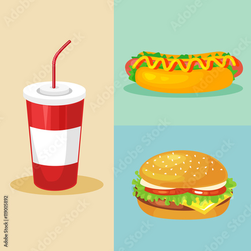 Set of colorful cartoon fast food icons.potato, burger,soda takeaway