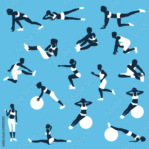 men and women Fitness silhouettes. fitness exercises concept.Fitness vector set. fitness icon.