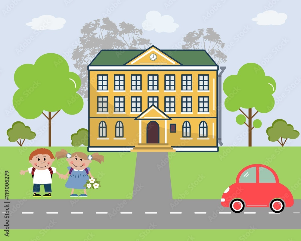 Children go to school. There are school, trees, the pupils, car in the picture. Flat style vector illustration