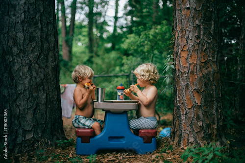 Two small boys sitting and eating at a picnic bench in between two tree trunks 