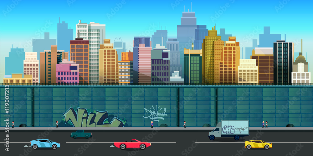 Vector illustration of urban buildings seamless background