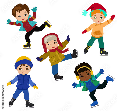 Funny boys in winter clothes ice skating isolated on white background .
