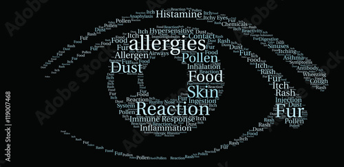 Allergies Word Cloud on a black background. 