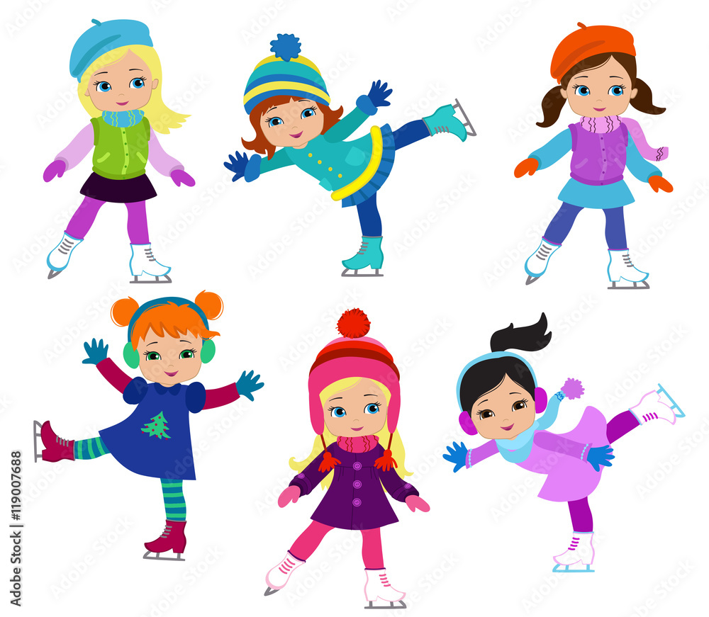 Funny girls in winter clothes ice skating isolated on white background .