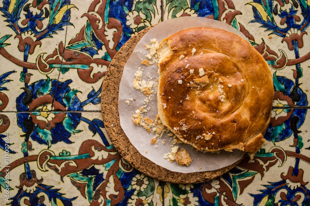 Turkish Bread Kete on a Ottoman Pattern surface.