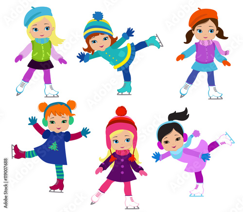 Funny girls in winter clothes ice skating isolated on white background .