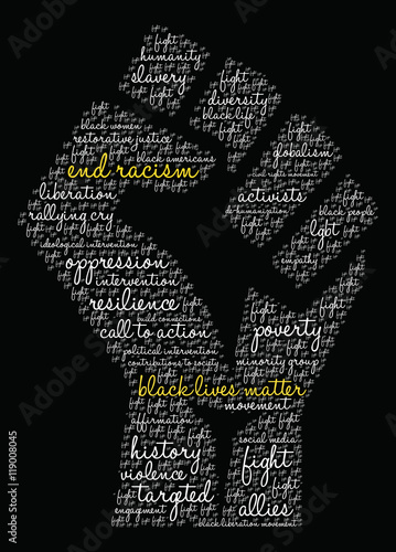 End Racism and Black Lives Matter Word Cloud on a black background. 