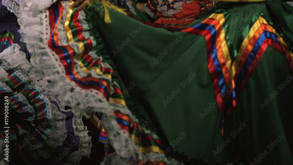 Slow motion shot of Mexican women in traditional dress dancing in the dark