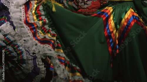 Slow motion shot of Mexican women in traditional dress dancing in the dark