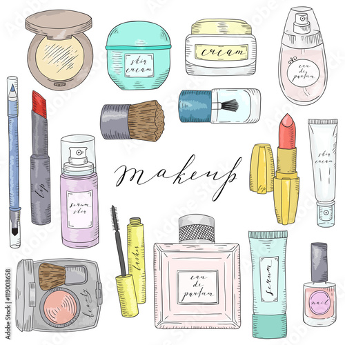 Hand drawn cosmetics set. Beauty and makeup.